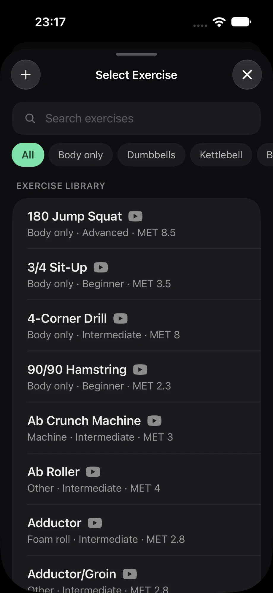 The exercise library picker