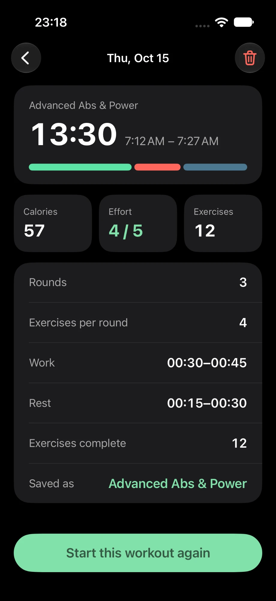 One session in detail: time, effort, calories and intervals