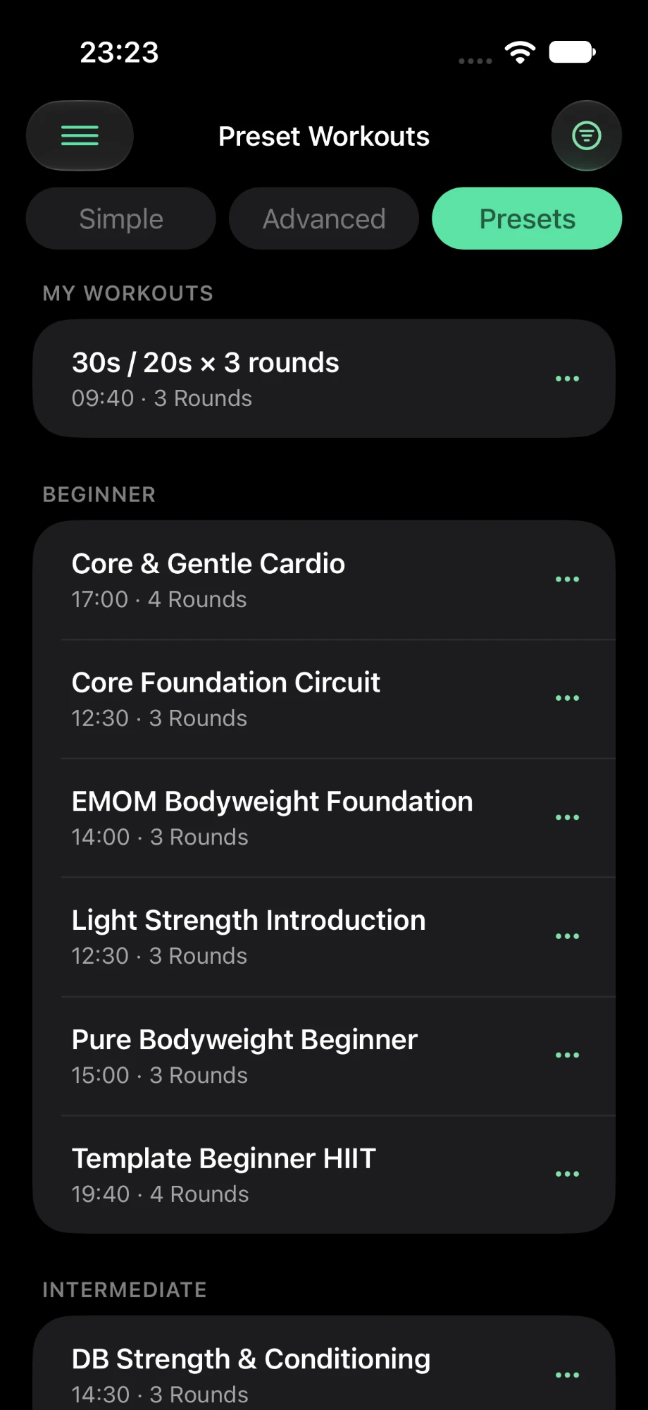Preset workouts grouped by level